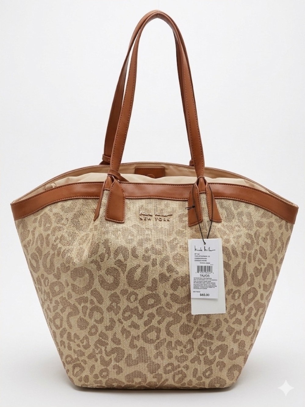 Nicole Miller New York Beige And Tan Leopard Jacquard Tote Bag No Callout NWT